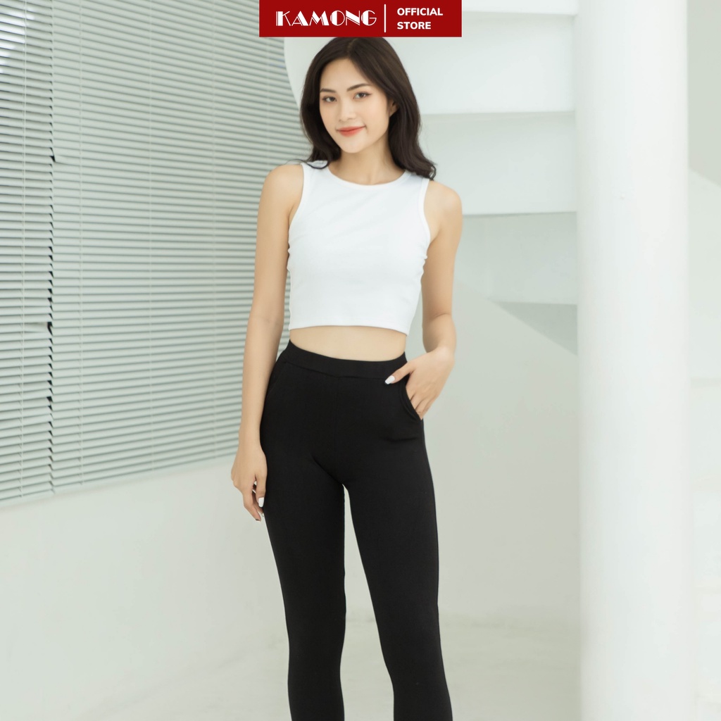 Quần legging nữ Nâng Mông Cao Cấp KAMONG cạp cao có túi vải cotton dẻo co dãn tốt dáng dài LG006