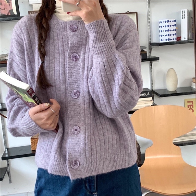 Áo khoác len cardigan tím pastel cổ tròn tay bo dễ thương ulzzang Hàn Quốc Yannie | BigBuy360 - bigbuy360.vn