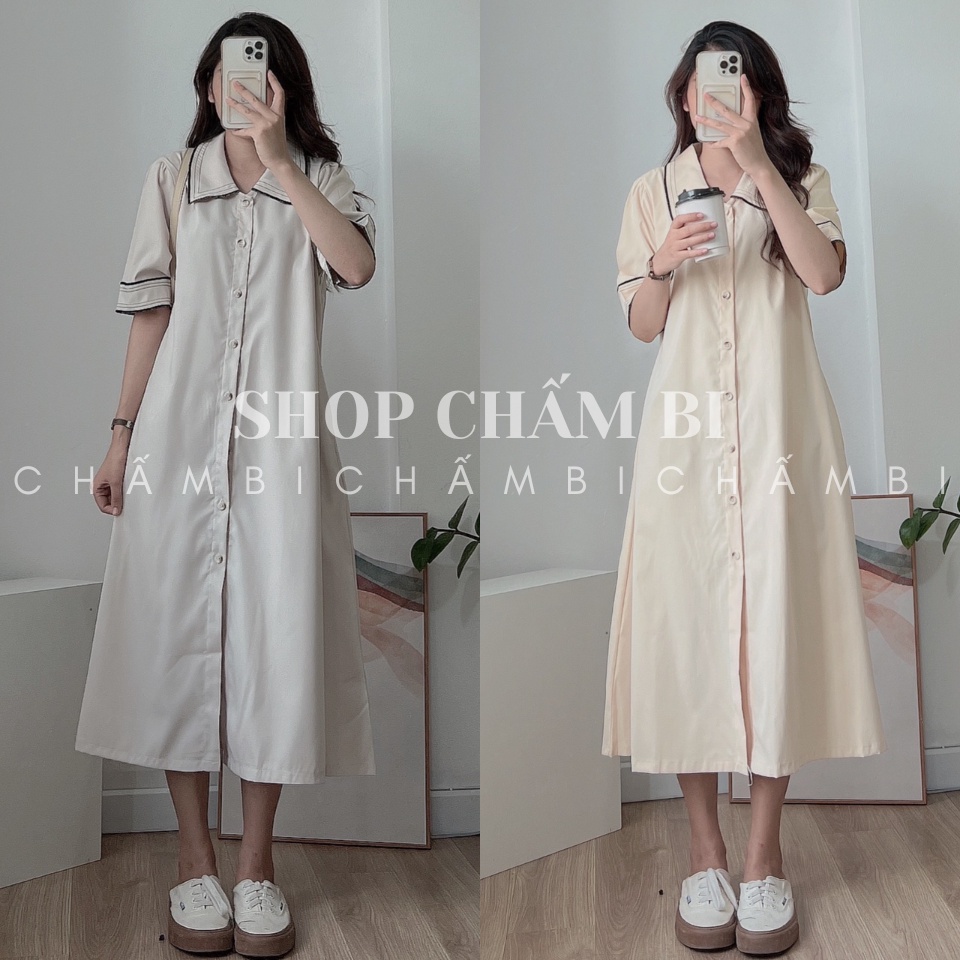 Váy sơ mi dáng dài V.128, Váy kiểu dáng suông viền tay chất thô mềm 2 màu đơn giản nữ tính - Thời trang nữ Chấm Bi