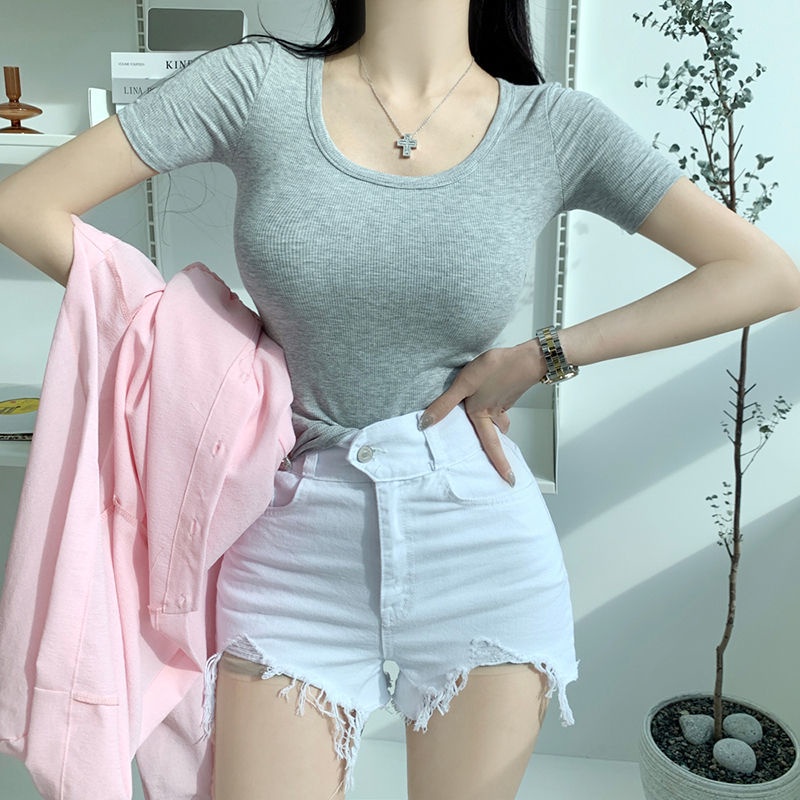 Jiashucheng Quần Short Denim Cạp Cao Dáng Ôm Rách Gối Phong Cách Hàn Quốc Thời Trang Mùa Hè Mới Dành Cho Bạn Nữ