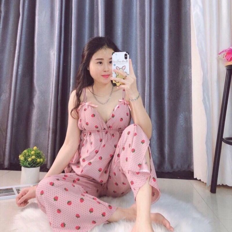 Sét bộ ngủ sexy cao cấp có tăng đơ 2 dây quần dài dâu 🍓