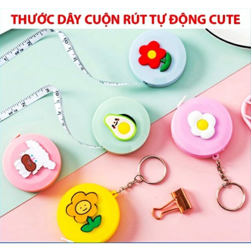 Móc khóa cuộn thước dây rút may mặc dài 1,5m có nút bấm tự động cute