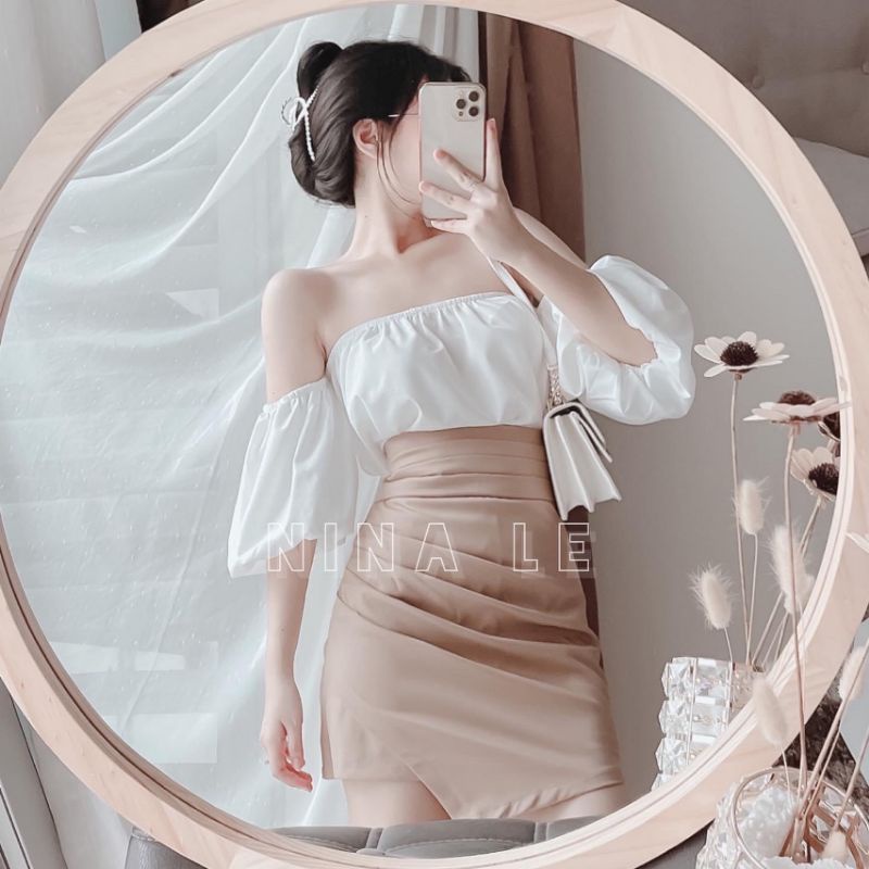 Sét bộ áo trễ vai và chân váy vạt tôn dáng