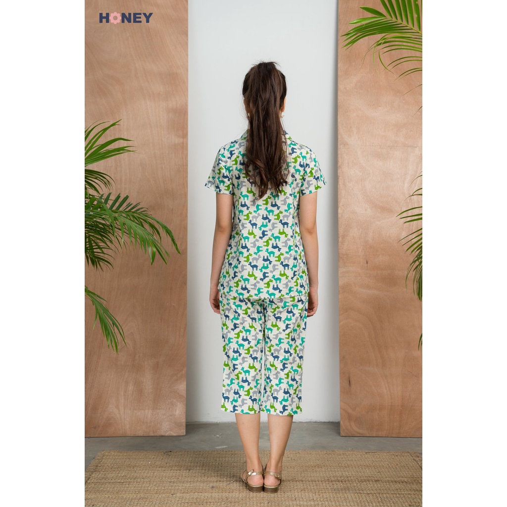 Bộ đồ ngủ pajama cộc tay mặc nhà, chất liệu thô hàn, quần rút chun - Thời trang bà bầu cao cấp Honey