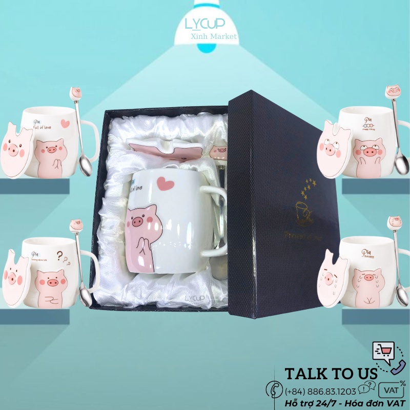 Ly sứ HEO HAPPY - KHẮC TÊN THEO YÊU CẦU ý nghĩa, cốc sứ CÓ NẮP và THÌA, dung tích 500ml, HÔP QUÀ TẶNG in logo, in hình