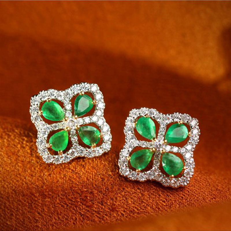 Set Vòng cổ + đôi khuyên tai + nhẫn hình cỏ bốn lá đính đá xanh lá may mắn