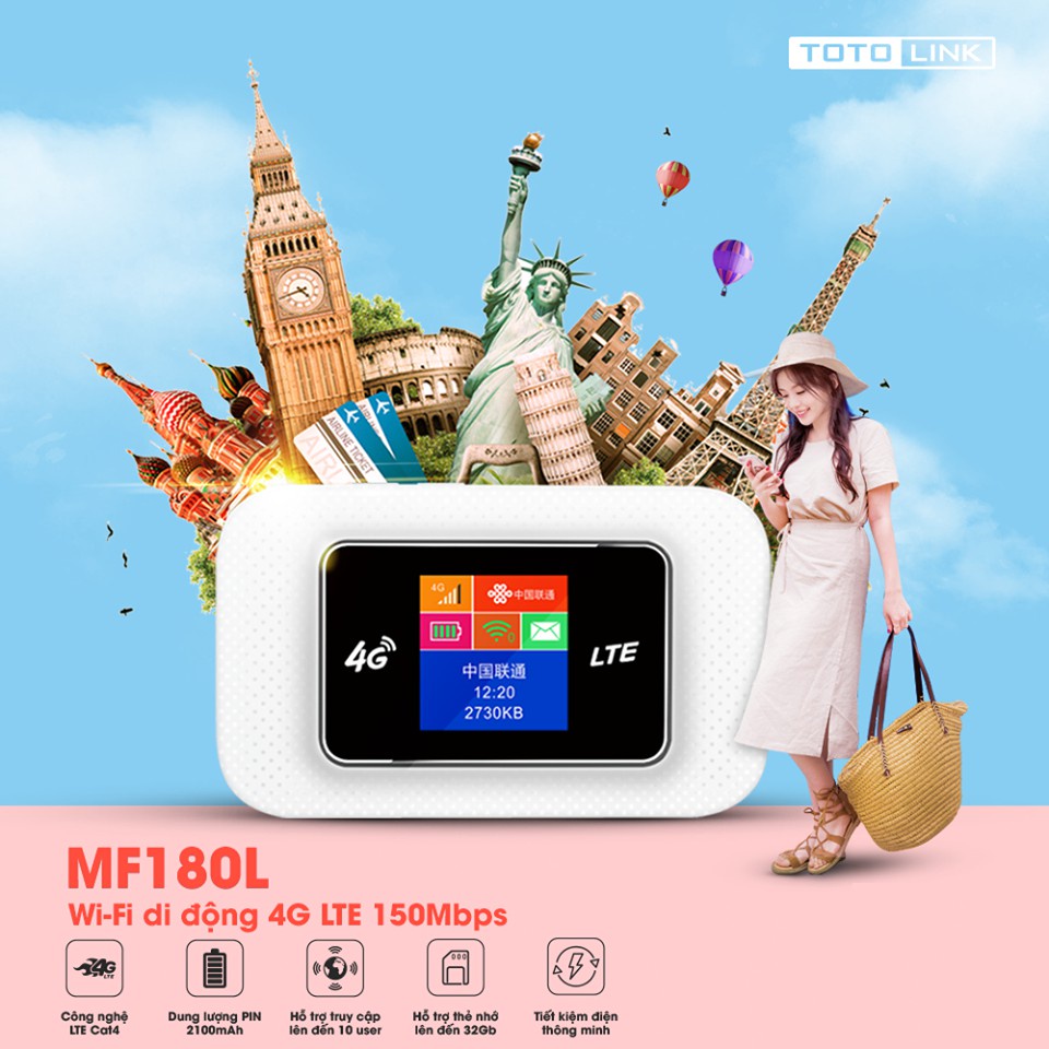 Bộ phát wifi di động 3G/4G LTE Toto Link MF180L tốc độ cao 150mps - Hàng Chính Hãng