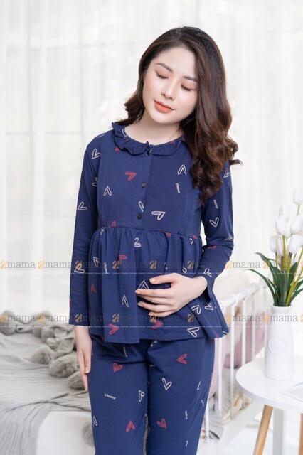 Bộ đồ bầu và sau sinh chất cotton kéo khoá hình tim dài