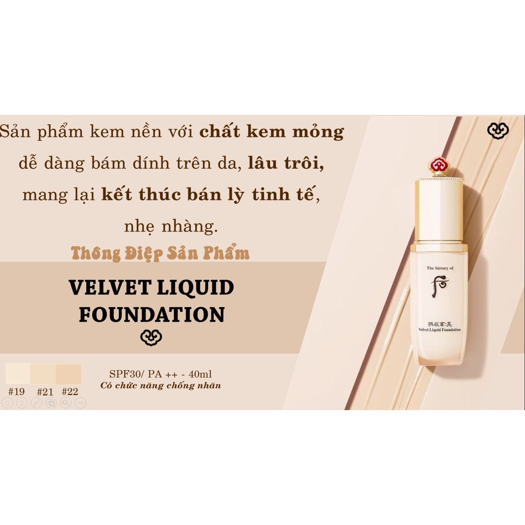 Combo gói Kem Nền WHOO Gongjinhyang: Mi Velvet Liquid Foundation No.21 hàng chính hãng