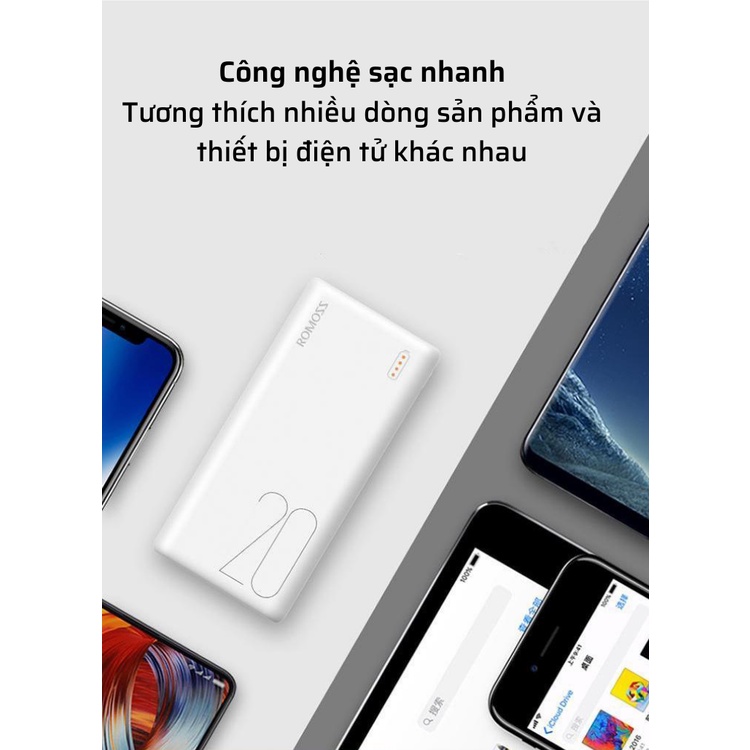Sạc dự phòng 20000mAh, pin dự phòng Romoss Simple 20, sạc cùng lúc 2 thiết bị, công nghệ sạc nhanh, bảo hành 12 tháng