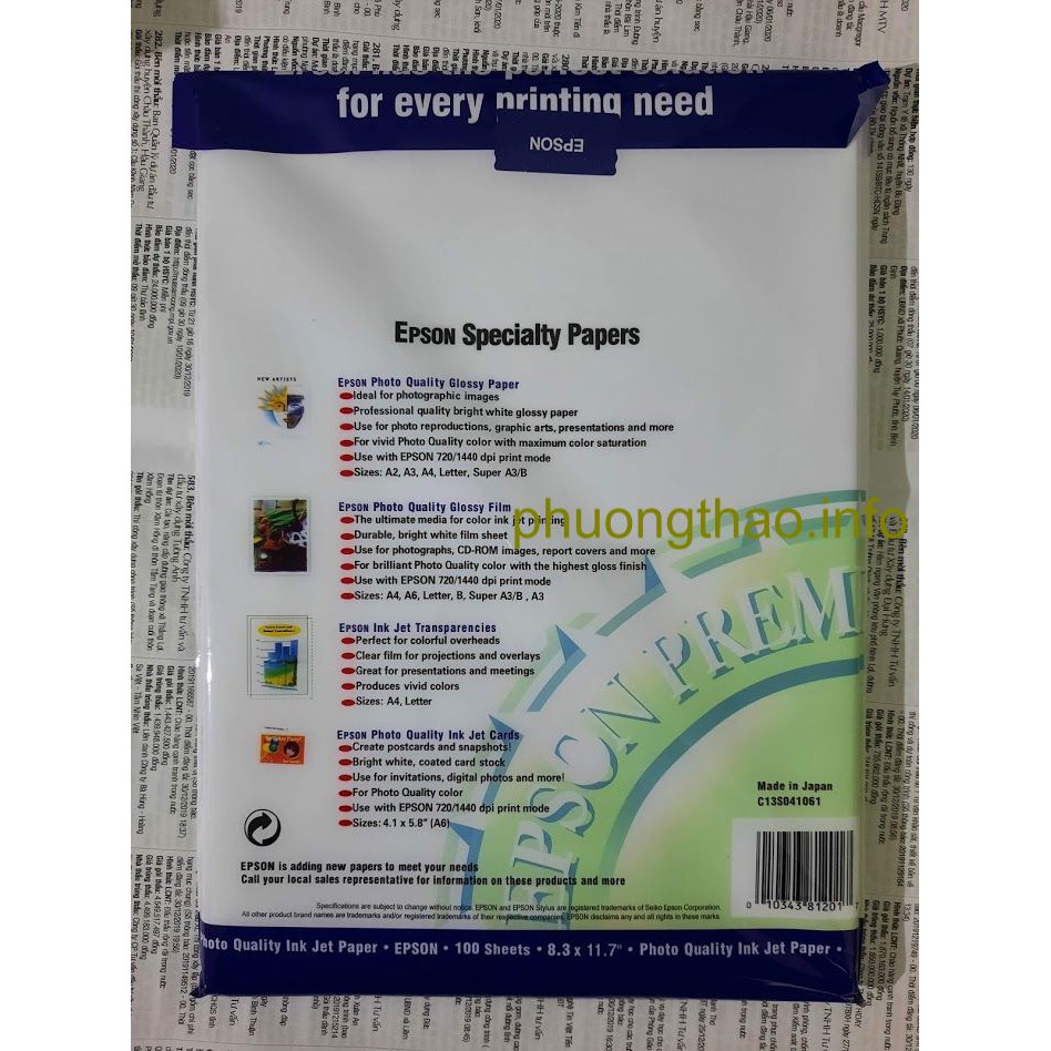Giấy in màu Epson A4 100 tờ ĐL130gsm - Giấy in ảnh/ Chính hãng Epson