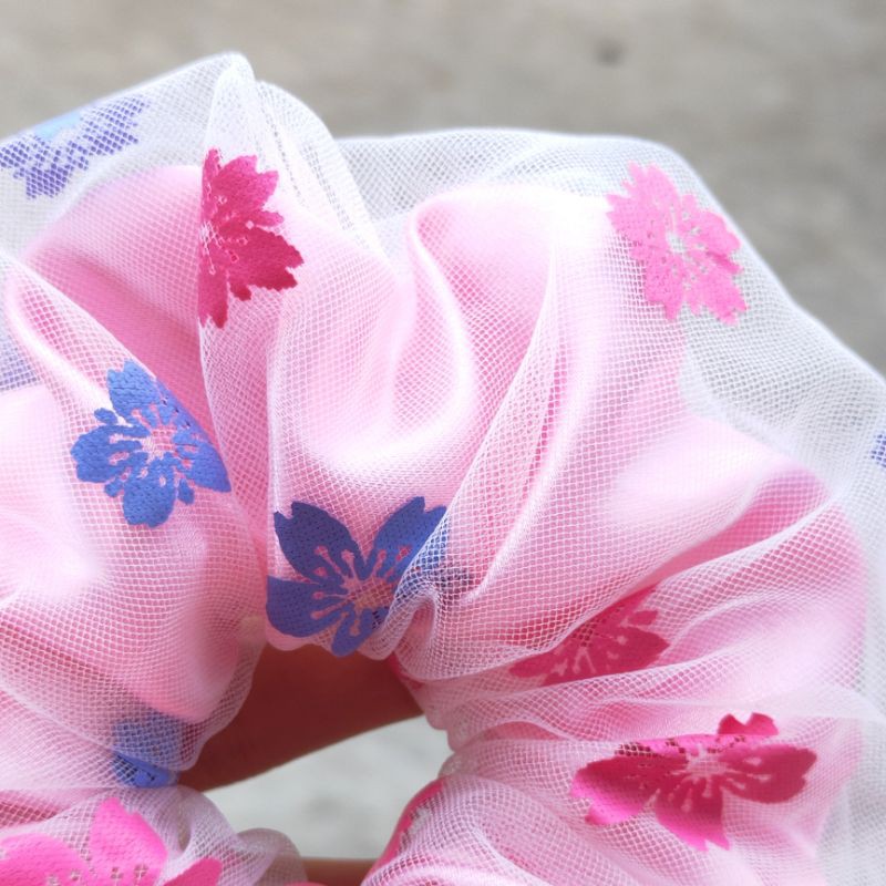 Dây buộc tóc Scrunchies họa tiết hoa mai 2 lớp