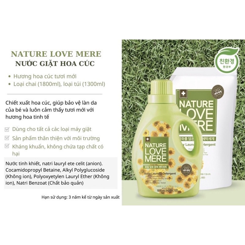 NƯỚC GIẶT/XẢ QUẦN ÁO TRẺ EM NATURE LOVE MERE HƯƠNG HOA CÚC 1800ML/1300ML