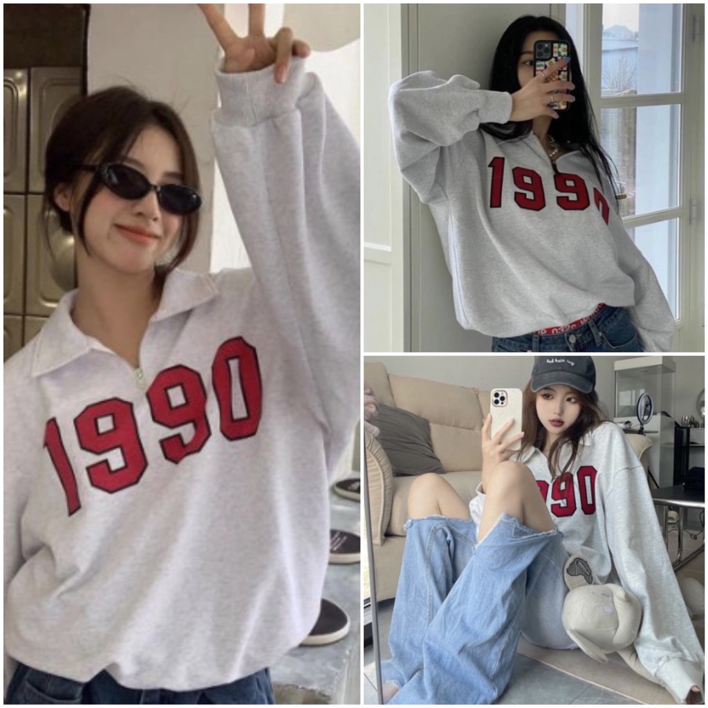 Áo sweater form rộng thun trơn dài tay unisex - Áo polo dài tay 1990 phối khóa cổ AT06