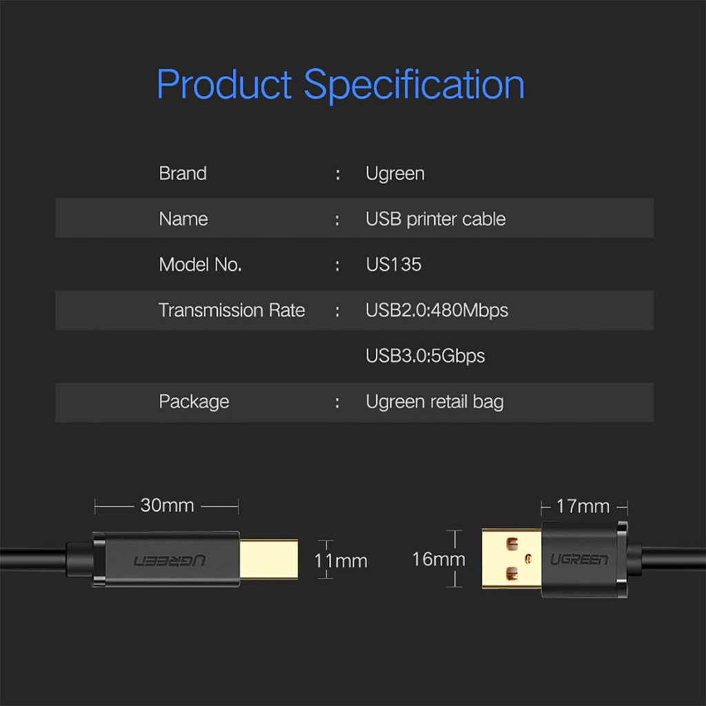 Cáp Máy In Mạ Vàng USB 2.0 Ugreen US135 Chính Hãng