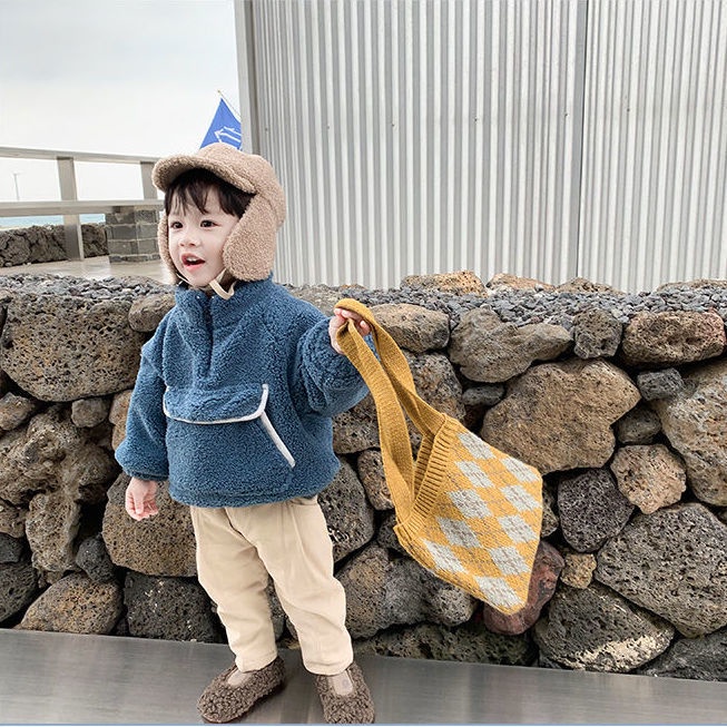 Hàng mới về Áo khoác chui đầu có mũ vải lông cừu thời trang mùa đông mới cho bé trai và bé gái 2021