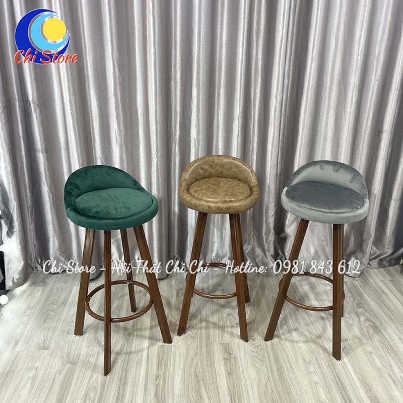 Ghế Quầy Bar Xoay Có Tựa Chân Sắt Sơn Giả Gỗ Bọc Da Cao 75cm, Ghế Bar Cho Quán Cafe, Nhà Hàng Mẫu Tựa Thấp