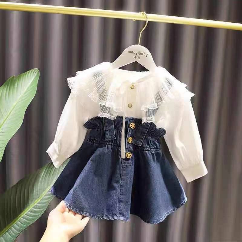 Bé gái 1-6 tuổi thời trang váy dây denim áo sơ mi hai mảnh phù hợp với trẻ sinh dài tay mẫu mùa xuân và thu
