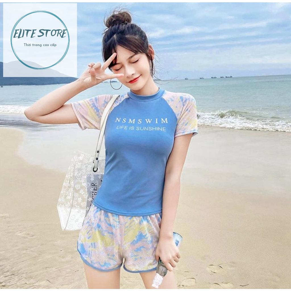 Đồ bơi nữ, đồ tắm biển ngắn tay quần short năng động, áo bơi kèm mút ngực, quần 2 lớp kín đáo B4048