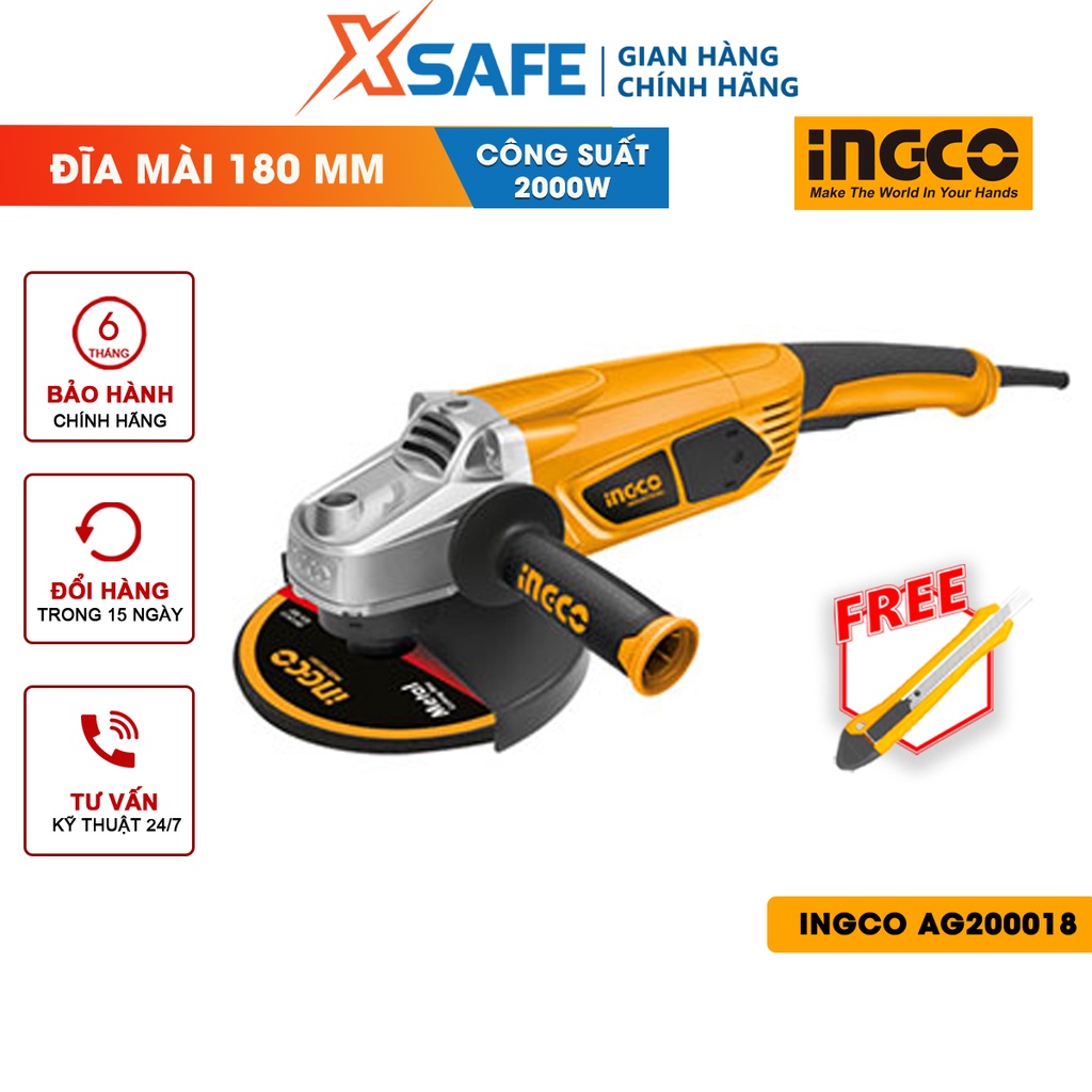 Máy mài góc INGCO AG200018 công suất 2000W, tốc độ không tải 8450rpm, đường kính đĩa mài 180mm, trục M14