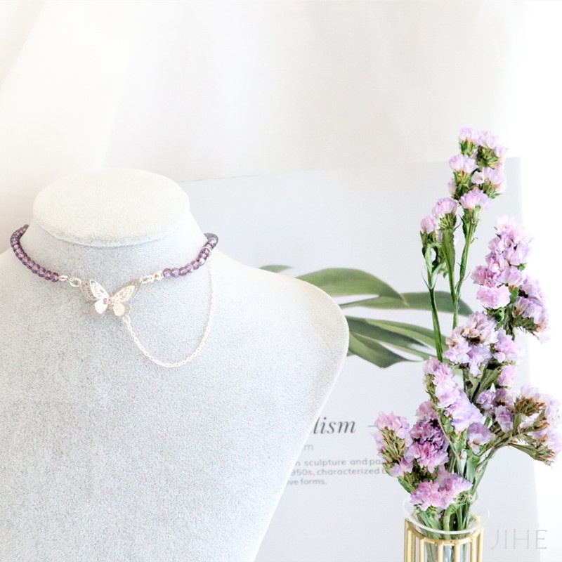 【JIHE】Choker Vòng cổ Chuỗi Hạt Pha Lê Mặt Hình Bướm Phong Cách Hàn Quốc Thời Trang