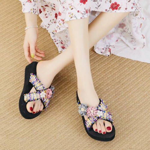 (SẴN HÀNG )Dép Xuồng Nữ Sandal Quai Chéo Thời Trang Đính Ren Hoa Chống Trượt