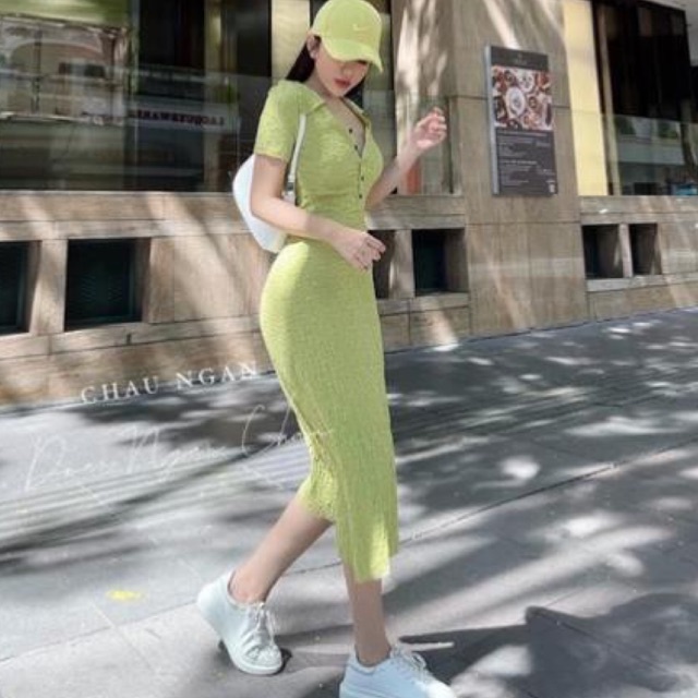 Váy Body Len Mongtoghi Xòe Đuôi Cá Cúc Ngực Dáng Dài cực xinh