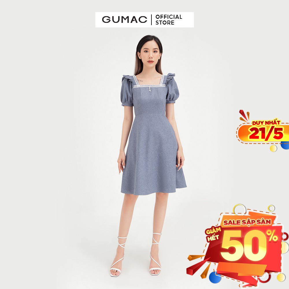 [Mã MABR07062 giảm 8% tối đa 50K đơn từ 249K] Đầm chữ A nữ cổ vuông GUMAC phong cách công sở, thanh lịch màu xanh DB439