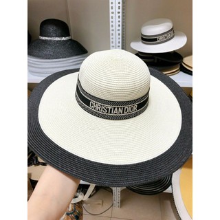 Mũ cói đi biển vành rộng  viền đen trắng trơn và đai dior siêu đẹp