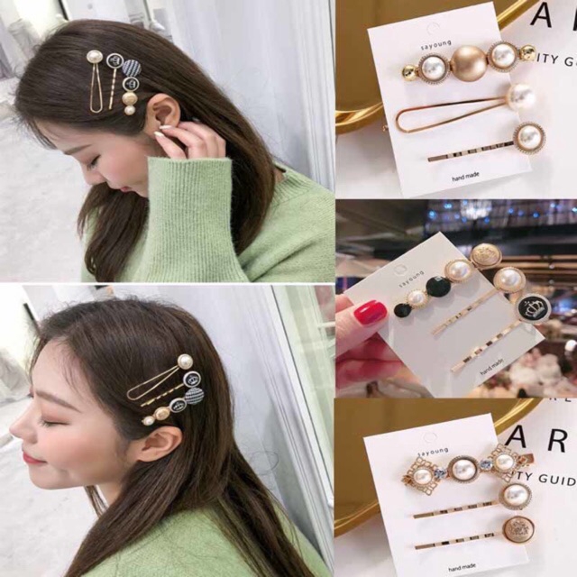 Kẹp tóc hình vương miện đính ngọc trai nhân tạo phong cách Hàn Quốc
