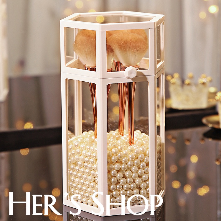 Hộp Đựng Cọ Trang Điểm Để Bàn Trong Suốt Hình Chữ Nhật Lục Giác Viền Đen Trắng - Hộp Bảo Quản Cọ Có Nắp Đậy Chống Bụi