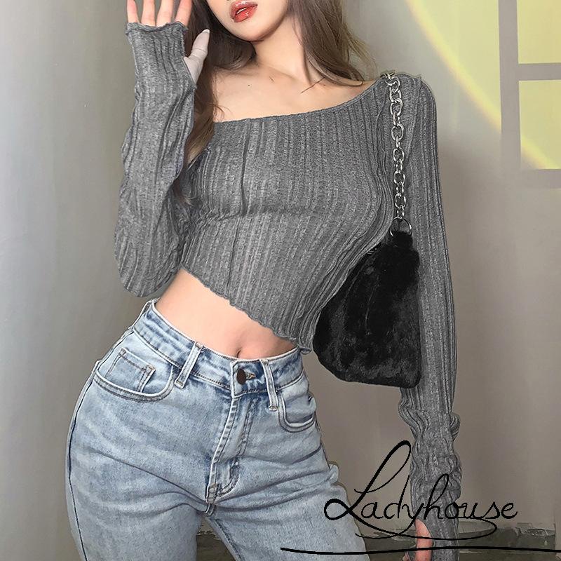 Áo Croptop Tay Dài Màu Trơn Dáng Ôm Thiết Kế Độc Đáo Thời Trang Quyến Rũ Cho Nữ