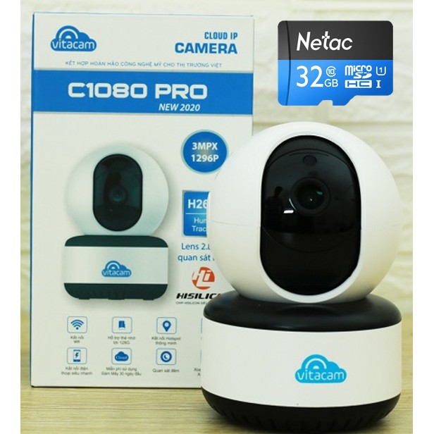 Camera Wifi 3MP Vitacam C1080 Pro -2020 Thẻ 32GB IP Đàm thoại 2 Chiều- Hàng Chính Hãng