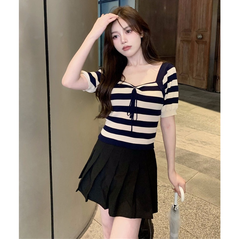 Áo thun ZHELIHANGFEI tay ngắn thiết kế trễ vai hoạ tiết sọc