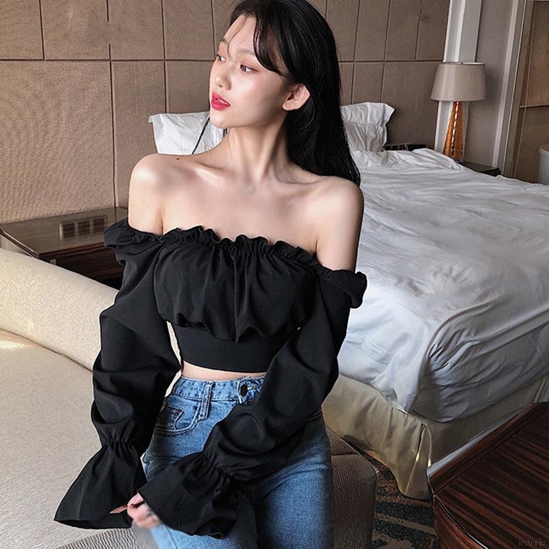 Áo ngắn hở rốn tay dài và phồng trễ vai màu trơn gợi cảm thời trang Hàn Quốc cho nữ Croptop