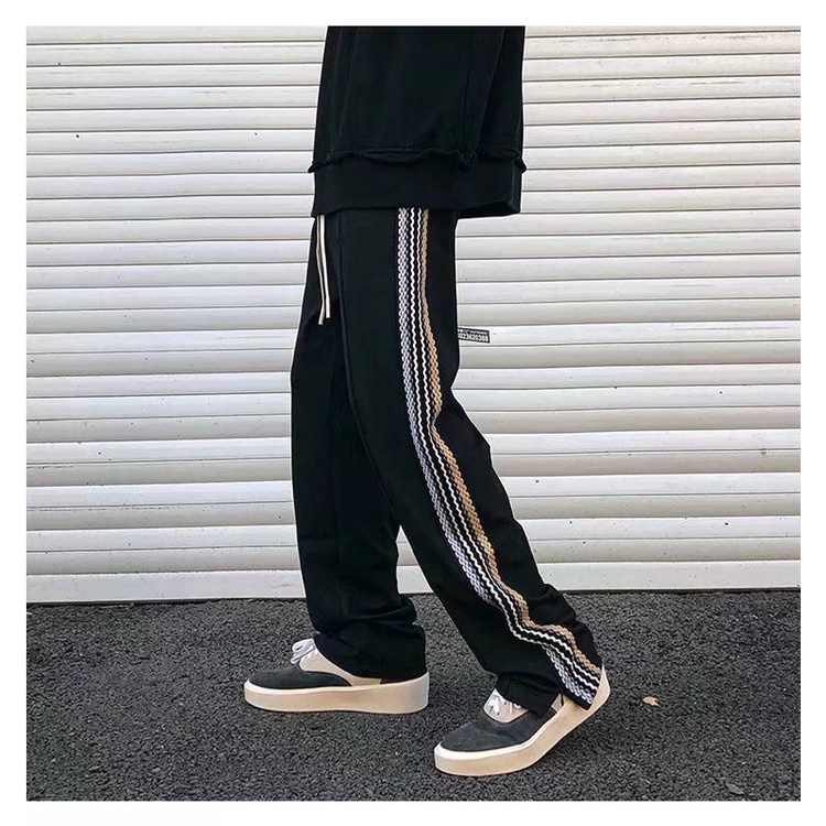 Quần dài ống rộng họa tiết kẻ sọc thiết kế xẻ tà phong cách Hàn Quốc thời trang cá tính cho nam