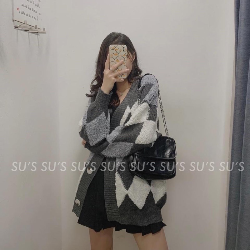 Áo khoác len cardigan trám ziczac phối màu xinh