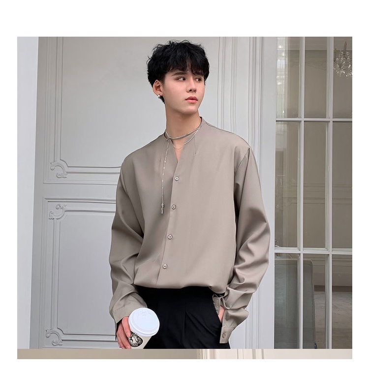 Áo Sơ Mi Không Cổ Tay Dài Phong Cách Đường Phố Thời Trang Cho Nam