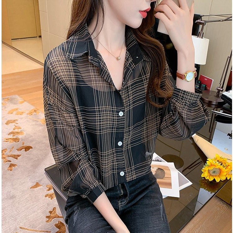 Áo sơ mi dài tay kẻ sọc caro thiết kế dáng rộng phong cách Hàn Quốc thời trang cho nữ