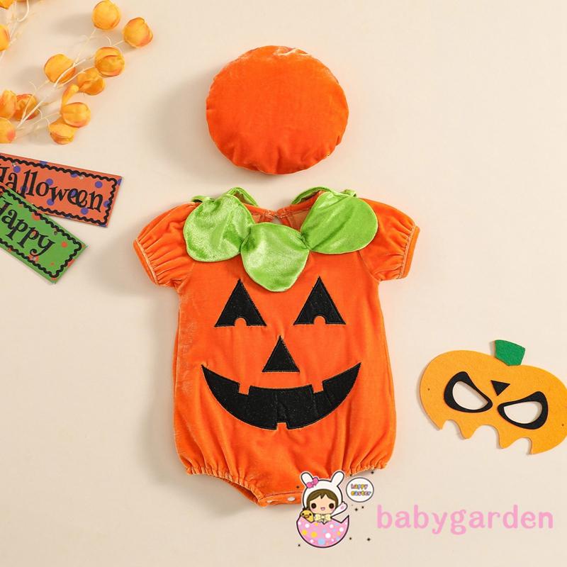 Bộ Áo Liền Quần Tay Ngắn In Hoạt Hình Bí Ngô + Mũ Thời Trang Xuân Hè Cho Bé Từ 0-24 Tháng Tuổi