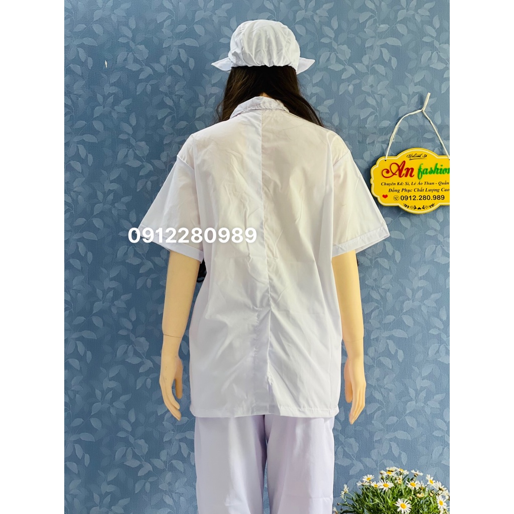 Áo Blouse Trắng Nữ Điều Dưỡng Ngắn Tay túi vuông vải kate - Áo Bác Sĩ, Dược Sĩ