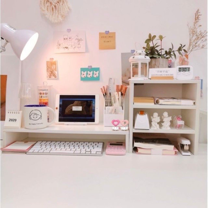 Kệ để máy tính, kệ sách 3 tầng gỗ màu trắng để bàn trang trí decor bàn học tiện dụng đa năng
