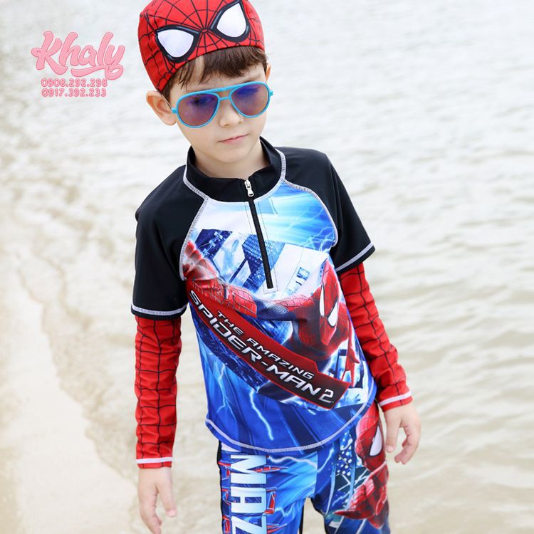 Set đồ bơi , đồ lặn áo quần rời trẻ em tặng kèm nón bơi hình người nhện Spiderman màu đỏ đen cho bé trai 96NDBSPMS3