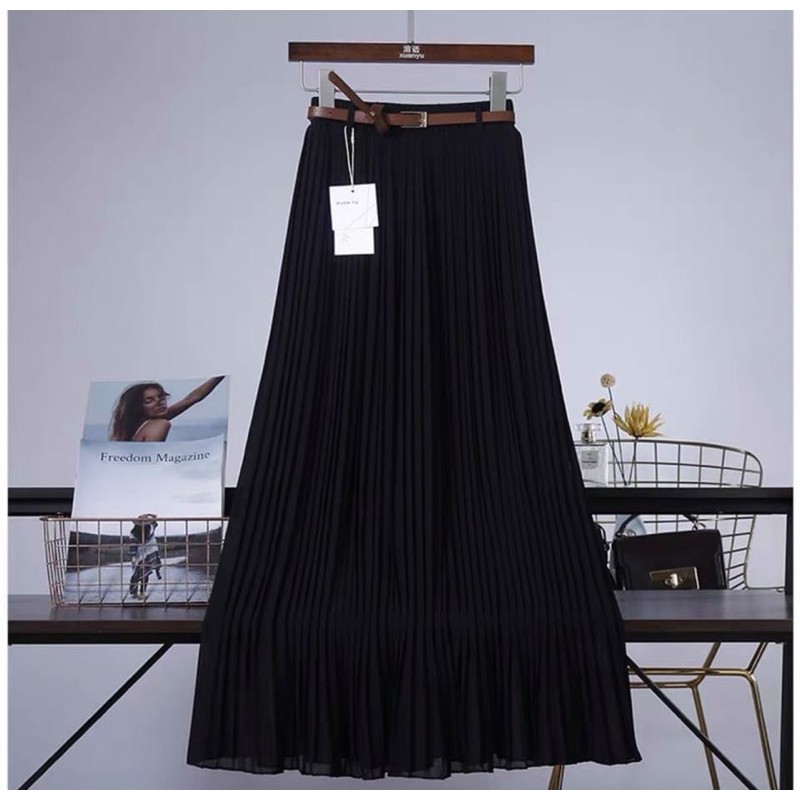Chân váy dập ly dáng dài midi Vintage kèm đai lưng cạp thun lưng cao- hàng quảng châu | BigBuy360 - bigbuy360.vn