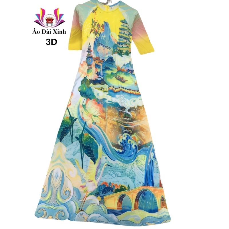 Áo dài truyền thống in 3D cổ tròn tay lỡ màu vàng họa tiết bức tranh