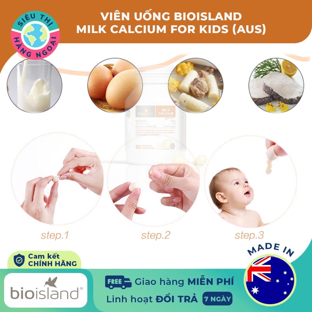 Viên Bổ sung Canxi sữa cho bé của Úc Bio Island Milk Calcium Kids 90 viên