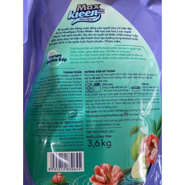 Nước Giặt Xả Maxkleen VƯỜN HOA THANH KHIẾT 3,6Kg