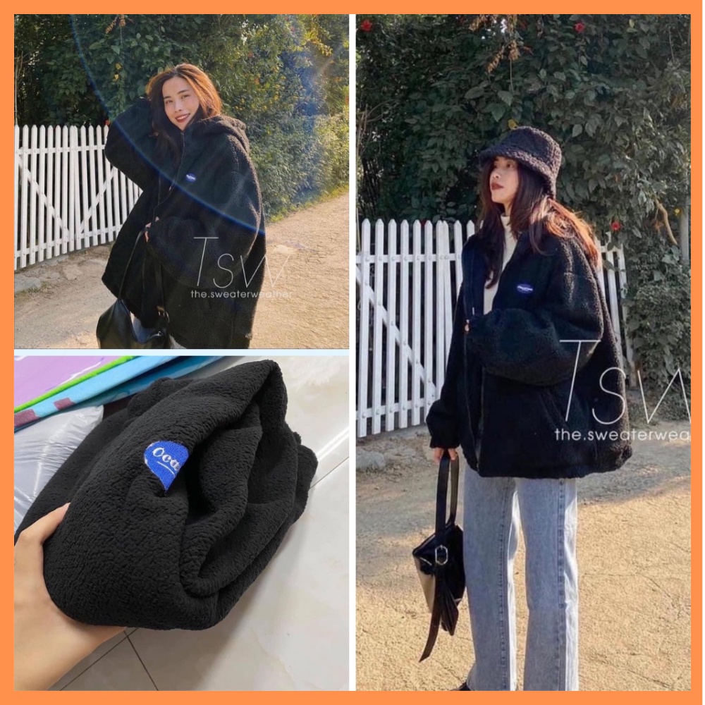 Áo Khoác Nỉ Cừu  Jacket sweater form rộng oversize tay bồng màu đen chữ nổi cá tính Ulzzang mã 24
