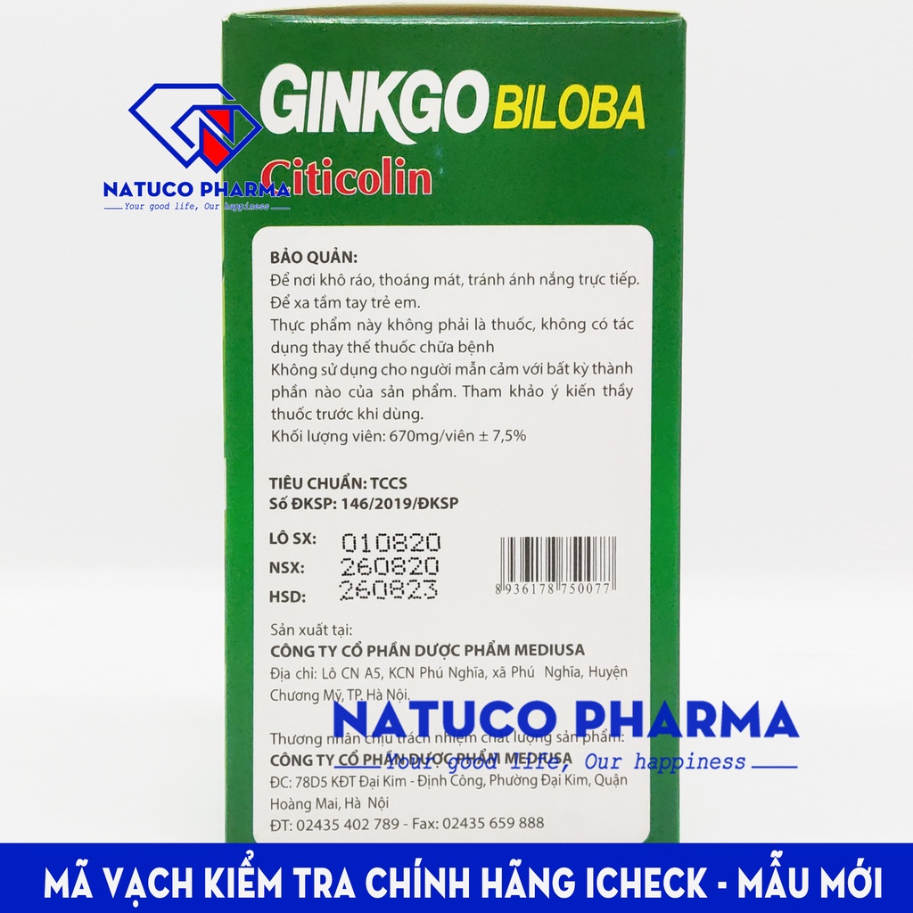 Ginkgo Biloba USA 240mg- hoạt huyết Tăng cường tuần hoàn não, giảm nguy cơ di chứng sau tai biến mạch máu não - Hộp 100V