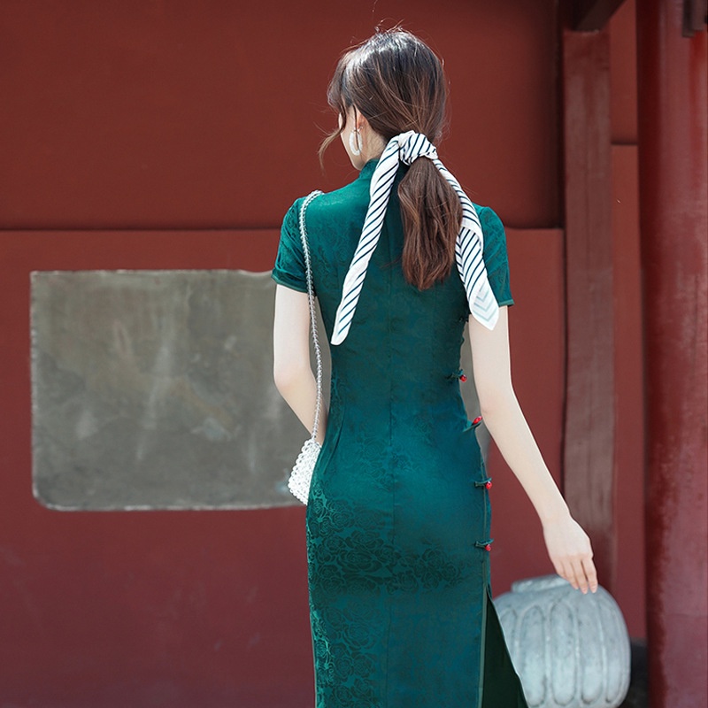Sườn Xám Cách Tân Tay Ngắn Dáng Dài In Hoa Kiểu Vintage Trung Hoa Dễ Thương Cho Nữ